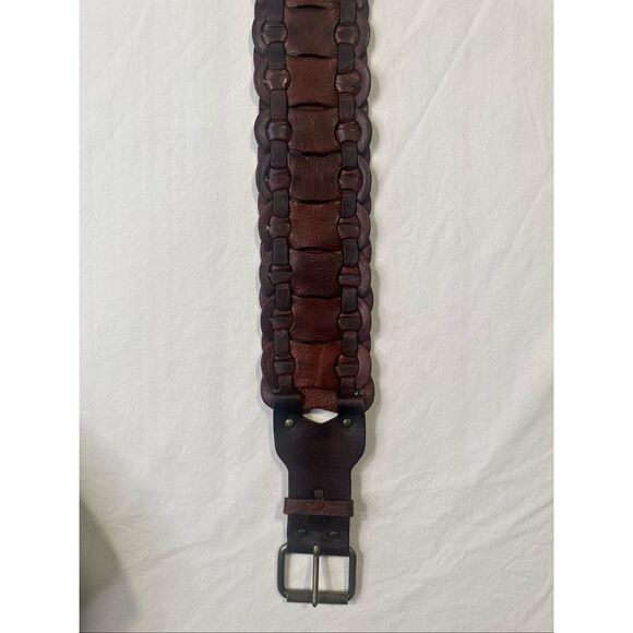 Vintage Motif 56 Wide Woven Brown Leather Belt Brass Buckle size small - Picture 1 of 7